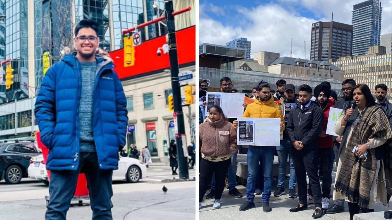 A photo of Kartik Vasudev. Right: Consulate General of India at a vigil in Toronto in Nathan Phillips Square.