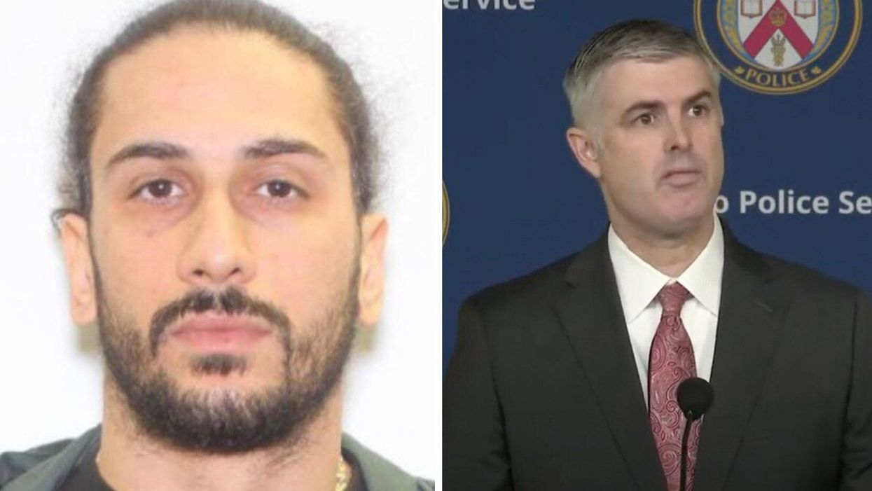 A photo of Kiarash Parzham. Right: A still from the Toronto police conference.