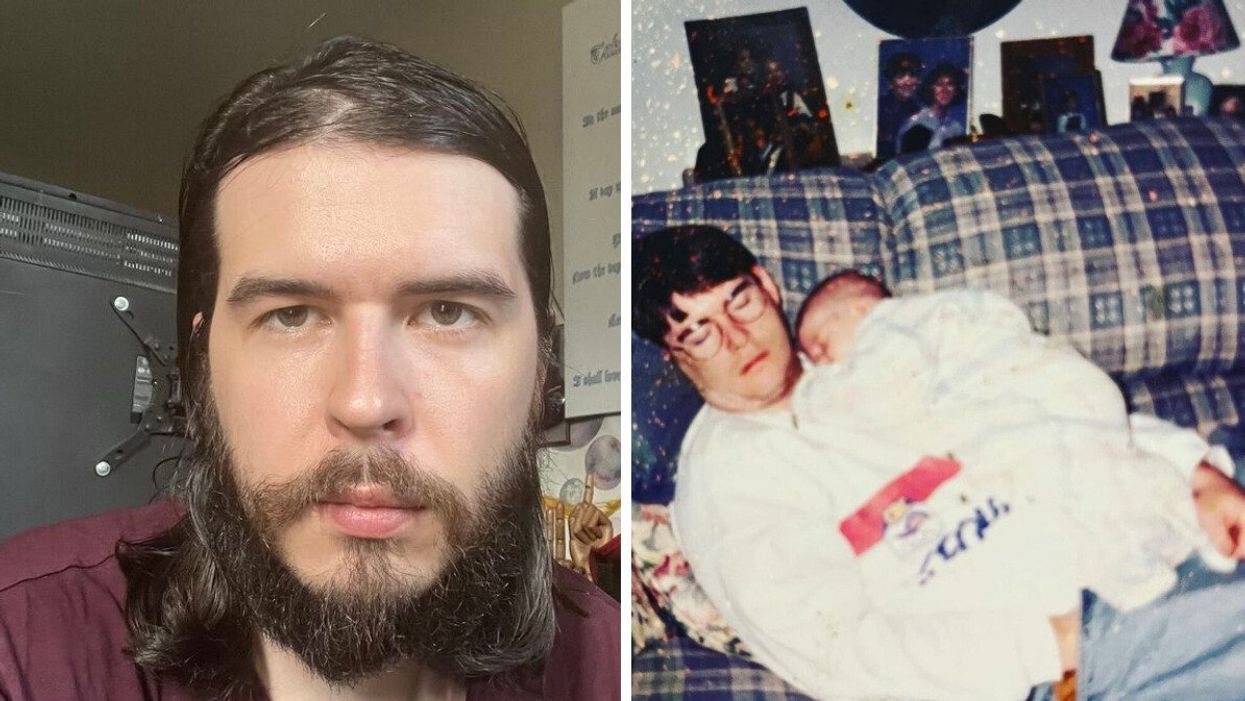 A photo of Patrick. Right: Patrick and his father.