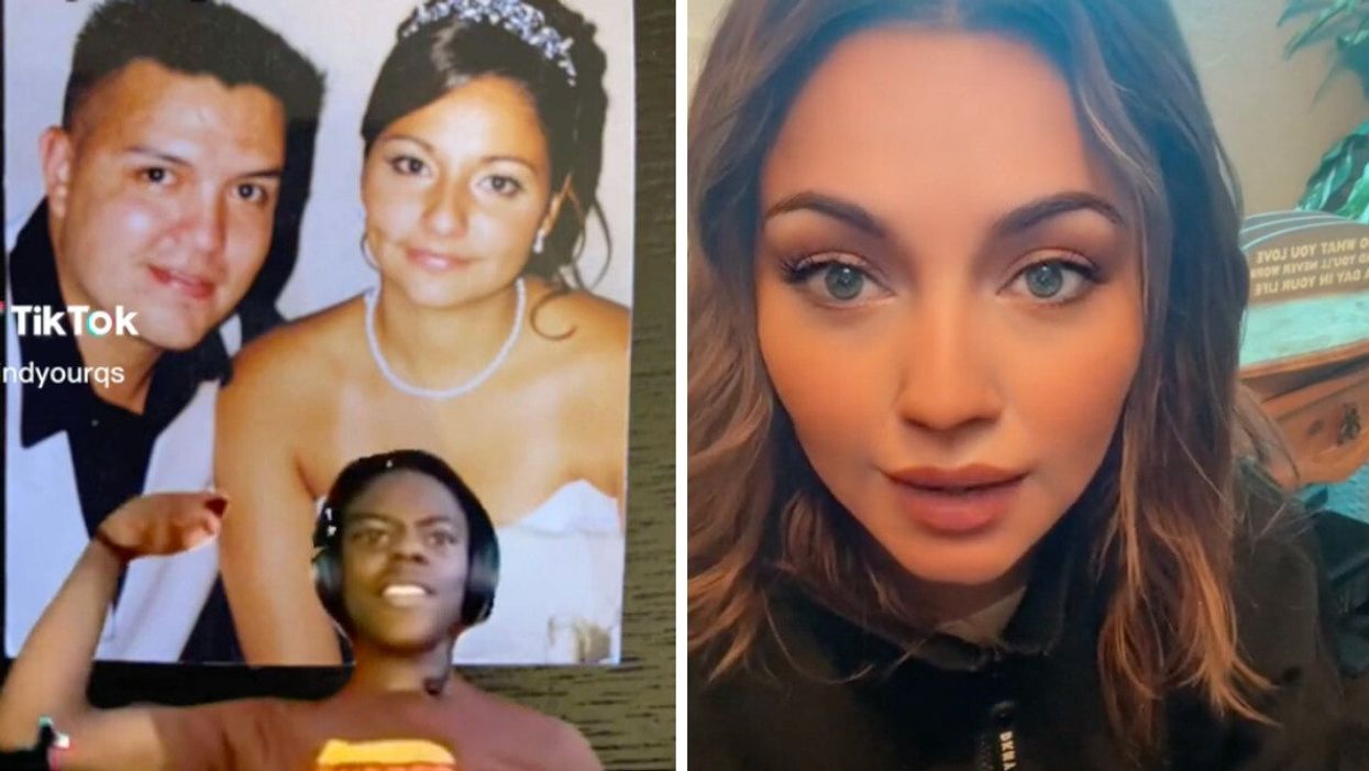 A photo of the TikToker and her husband. Right: The TikToker explaining the story.