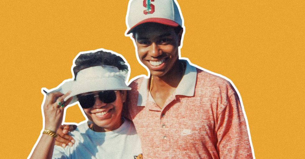 A photo of Tiger Woods and his mom outlined in white against an orange background.