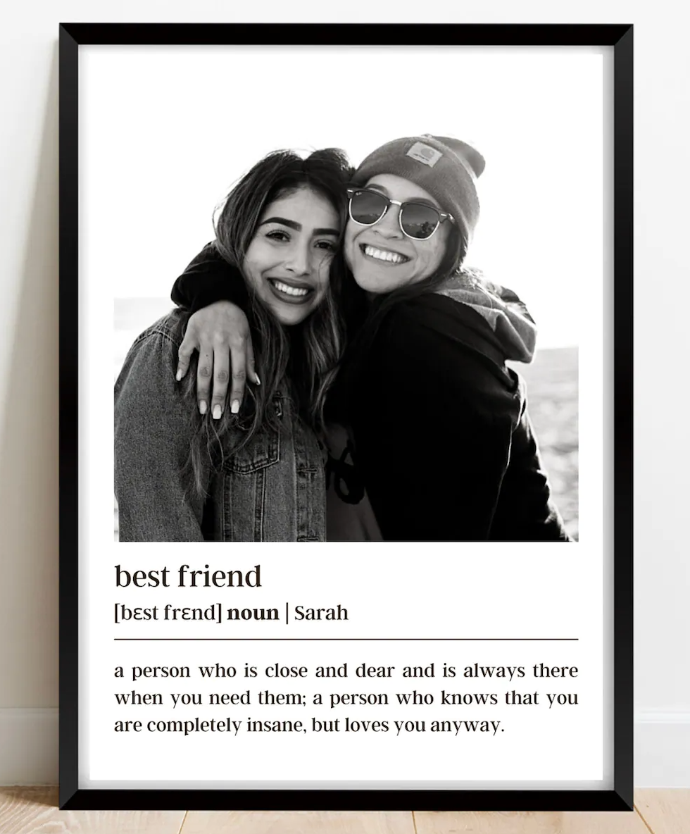 A photo of two friends and a personalized description underneath.