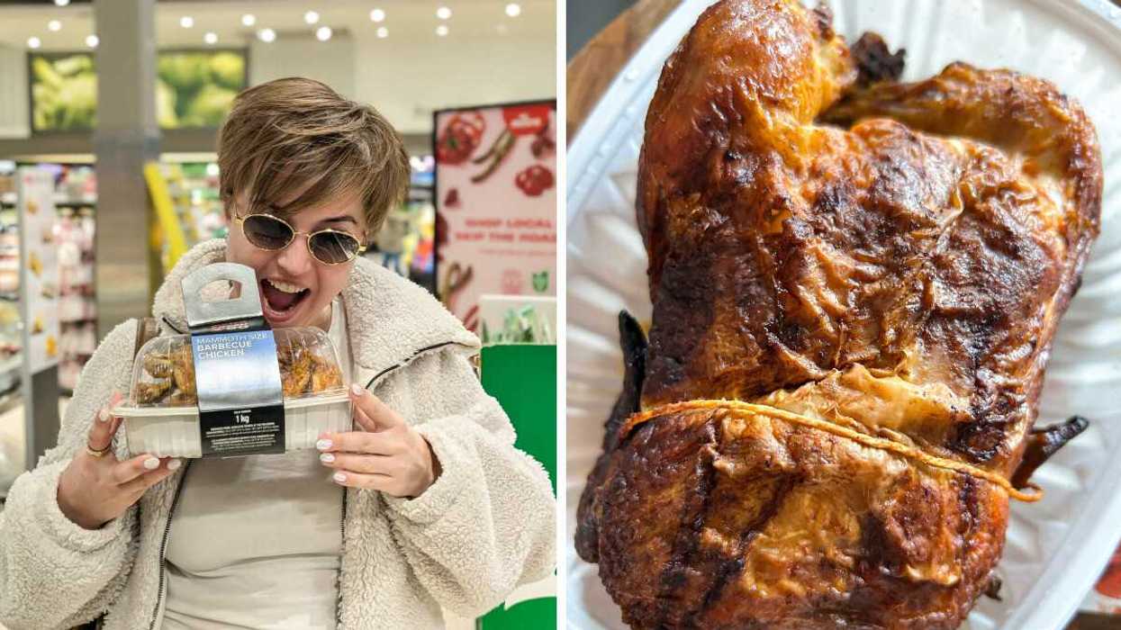 A photo on the left of a person pretending to bite into a rotisserie chicken, next to a photo on the right of a rotisserie chicken