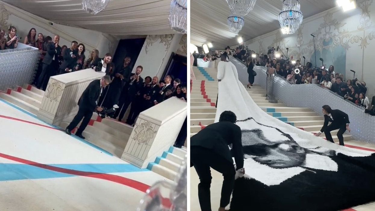 A photographer capturing the 2023 Met Gala cockroach with his camera. Right: Photographers capturing Jeremy Pope's 2023 Met Gala look.