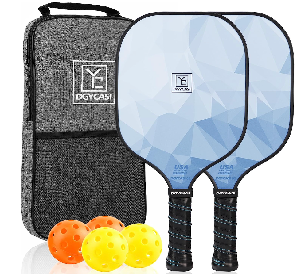 A Pickle ball set for two people with paddles, four balls and a carrying case.