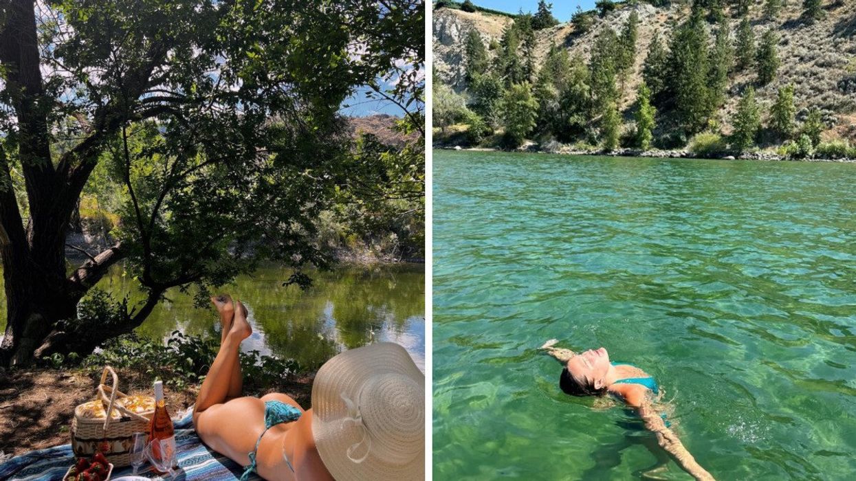 A picnic by the water. Right: Someone swimming.
