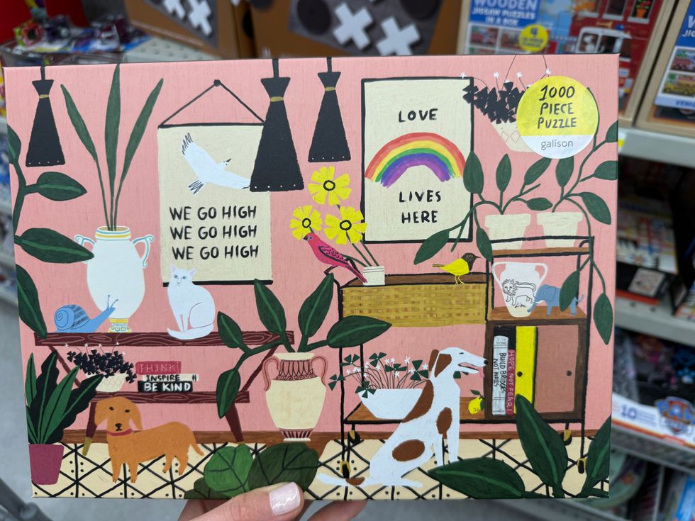 A picture of a room filled with dogs, a cat, birds, lamps and plants.