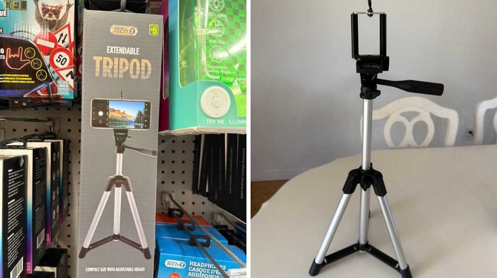 A picture of an extendable tripod on a box hanging on a store shelf. Right: A silver and black tripod propped on a table.