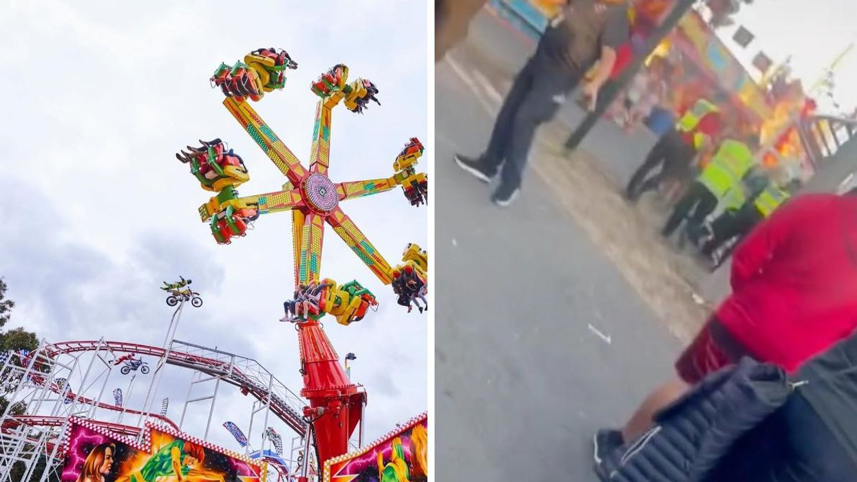 A picture of the carnival rides. Right: Screenshot from a TikTok showing officers at the scene.