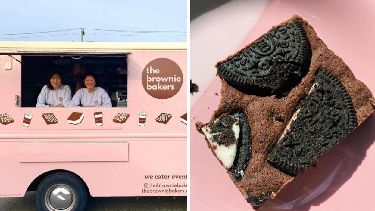 A picture of the owners of the brownie food truck, right, a picture of a brownie with Oreo pieces.
