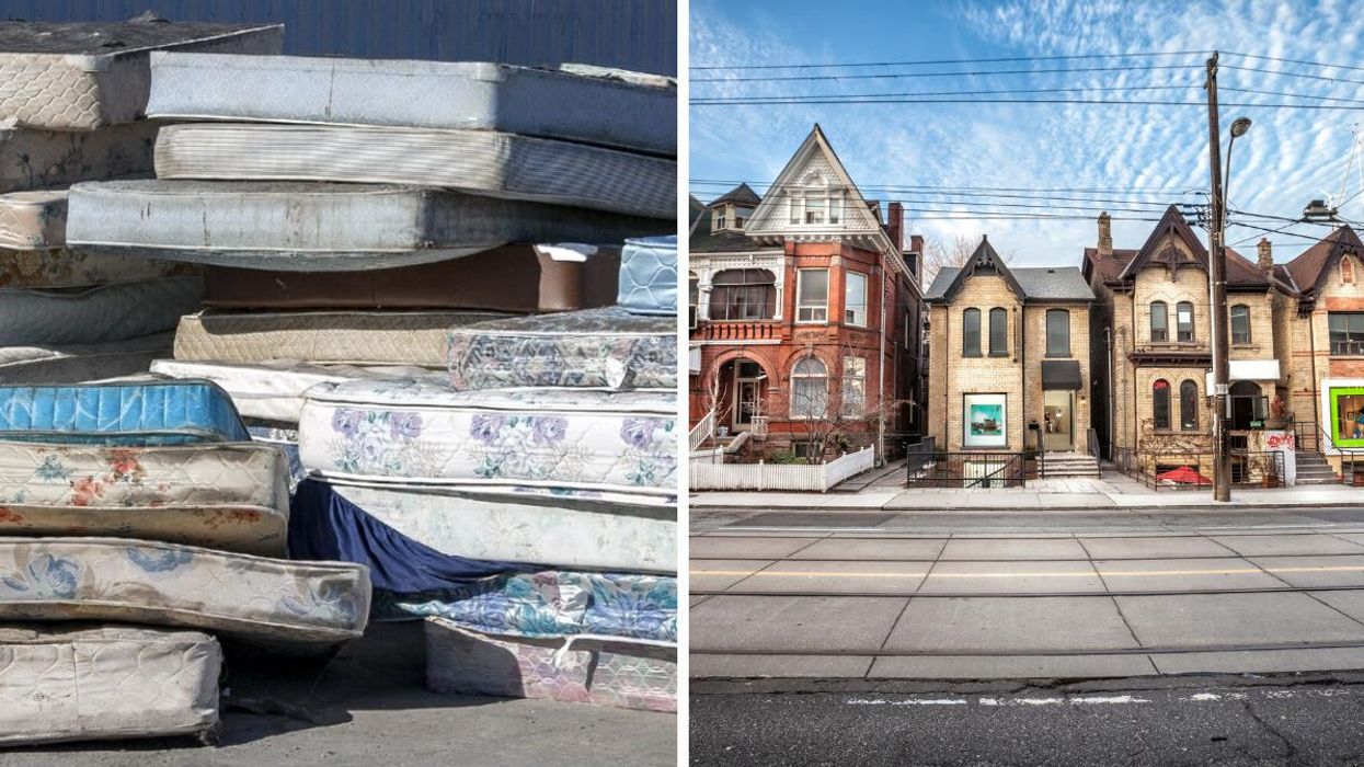 A pile of discarded mattresses. Right: A Toronto street.