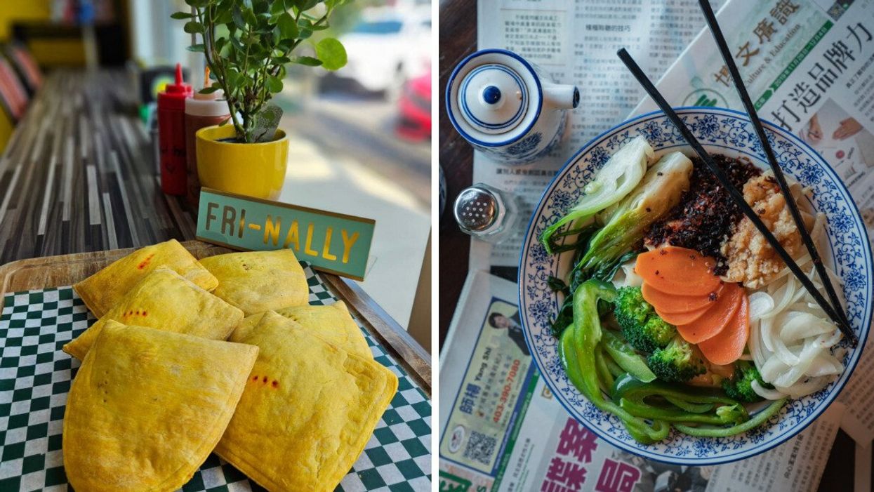 A pile of Jamaican patties from Lloyd's Patty Plus. Right: A bowl of noodles with chop sticks, served beside a newspaper.