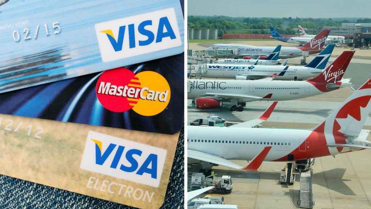 A pile of Visa and Mastercard credit cards. Right: Several planes line up at an airport.