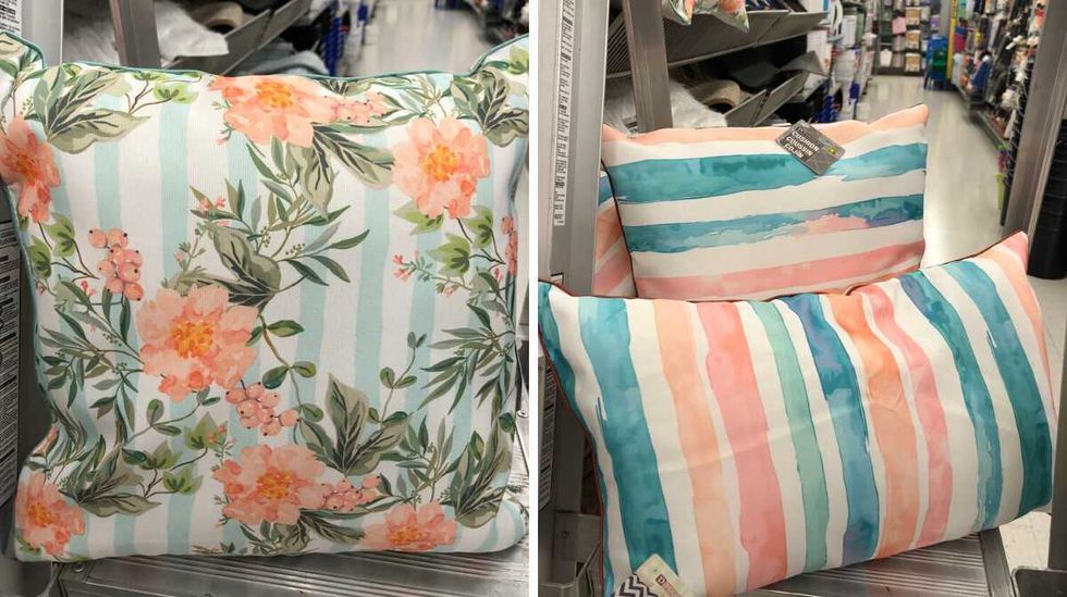 A pillow with white and light green stripes and pink flowers on it. Right: Two pillows with multi-coloured stripes.
