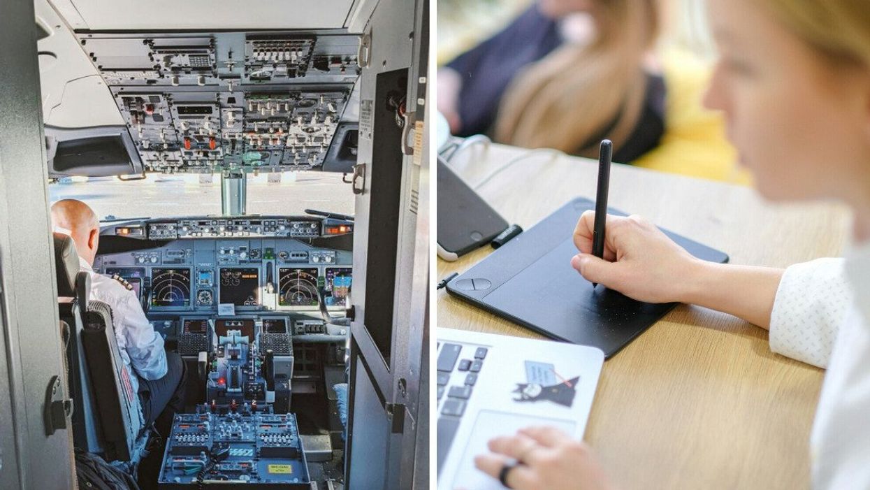 A pilot in the cockpit of a plane. Right: Someone using a digital illustration pad and computer.