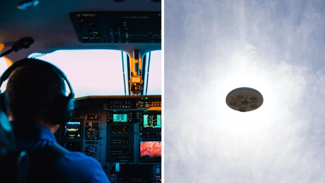 A pilot operates the aircraft. Right: A UFO in the sky.