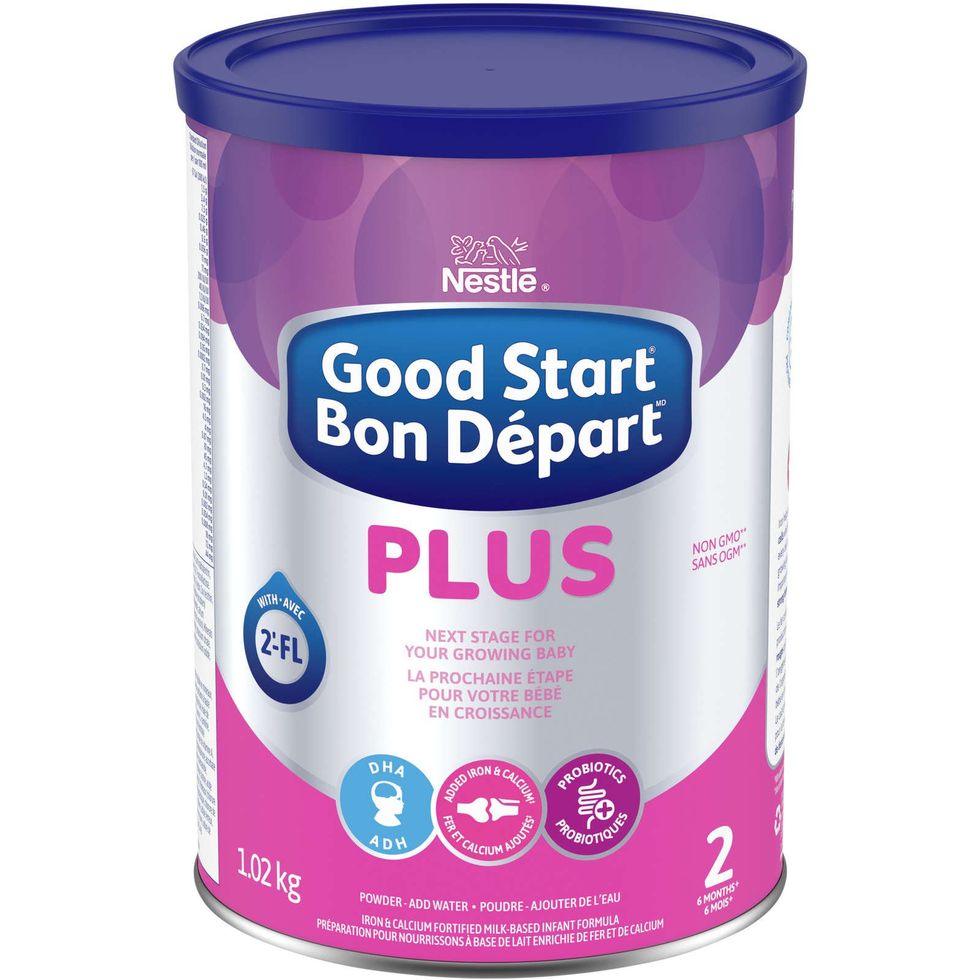 A pink and silver tin of Nestle GOOD START PLUS 2 Baby Formula, 1.02 kg.