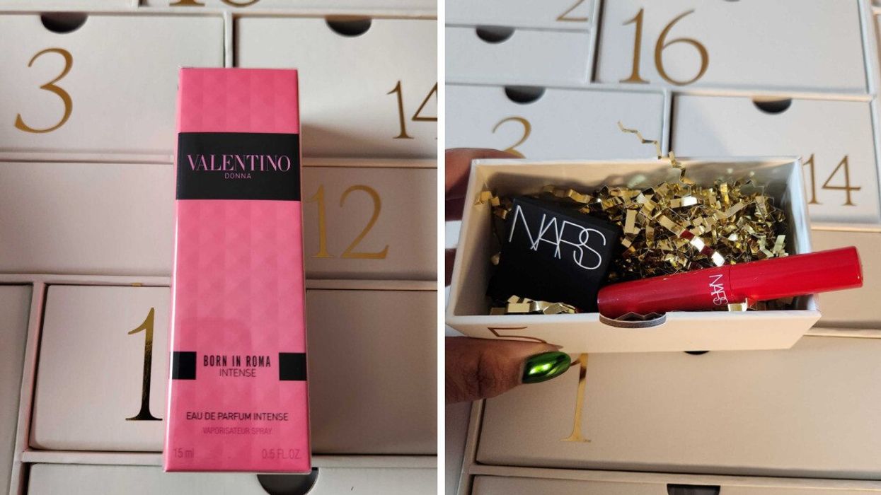 A pink box of perfume on a white advent calendar. Right: A black blush container and a red tube of mascara in a white box with gold foil ribbons.