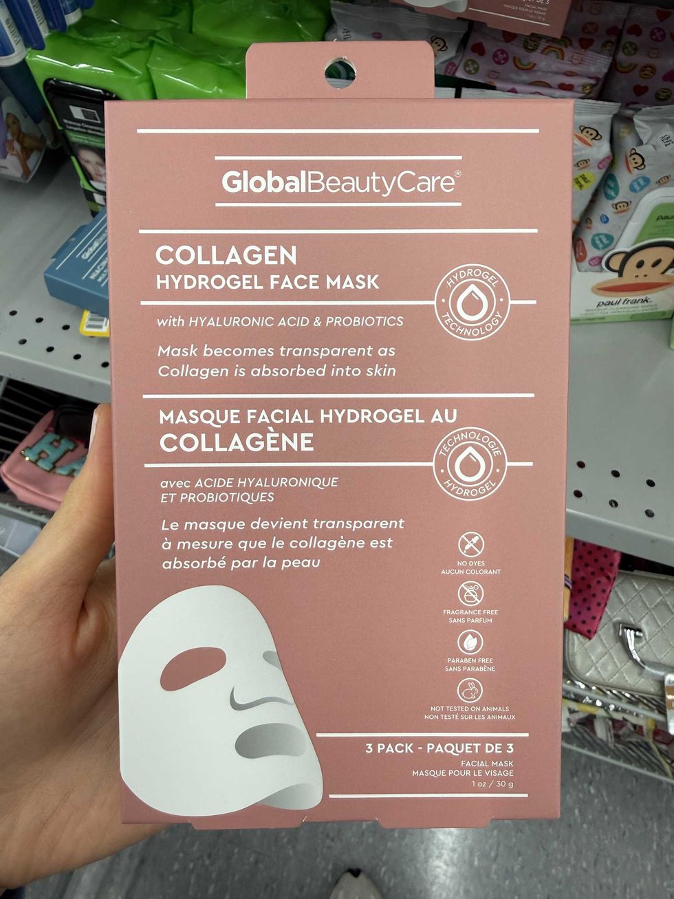 A pink box that shows a white face mask on it and the label reads Collagen Hydrogel Face Mask.