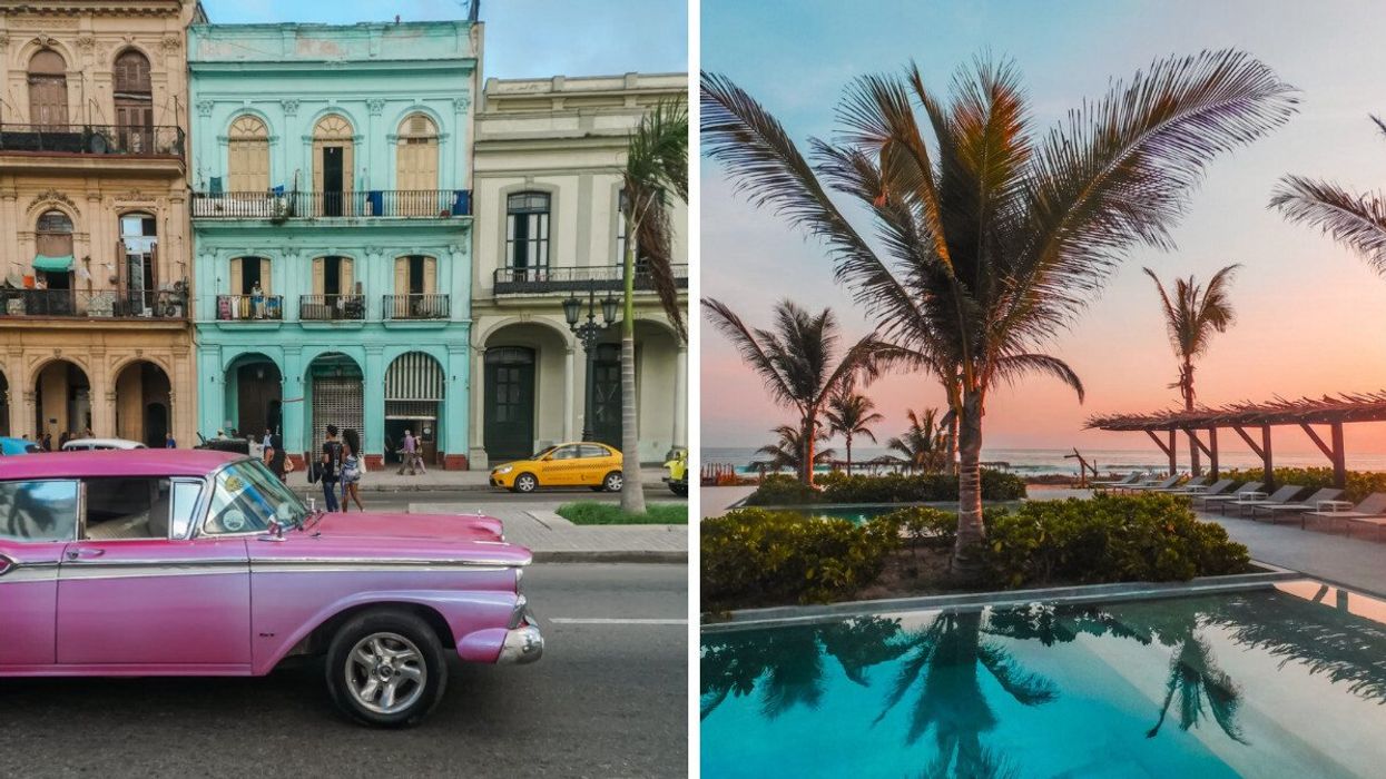 A pink car and colourful buildings in Havana, Cuba. Right: A dreamy poolside view in Mexico.