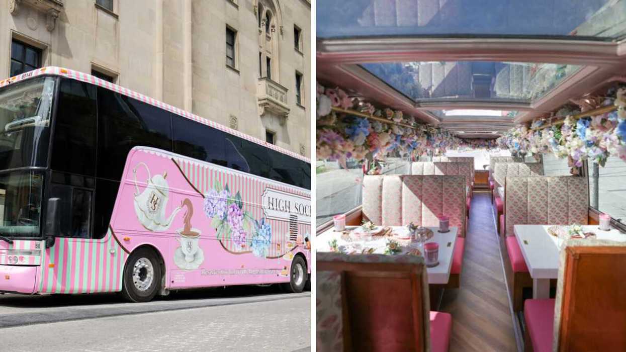 A pink double-decker bus. Right: A pink bus interior with flowers.