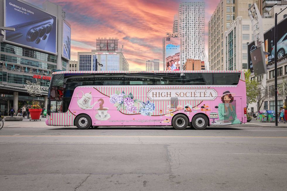 A pink double-decker bus.