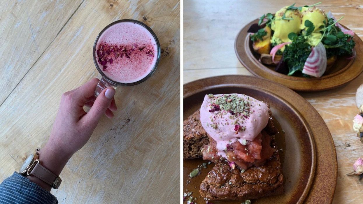 A pink latte. Right: Two brunch dishes at Nourish Cafe in Victoria.
