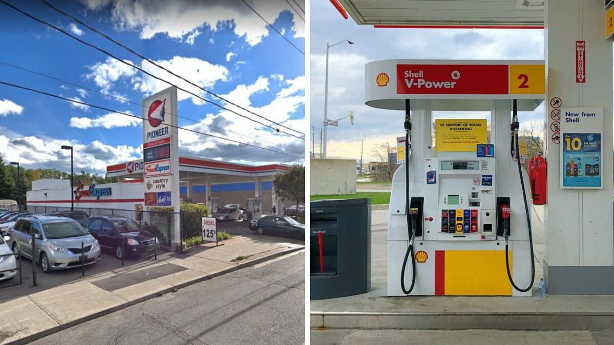 A Pioneer gas station. Right: A Shell gas station pump.