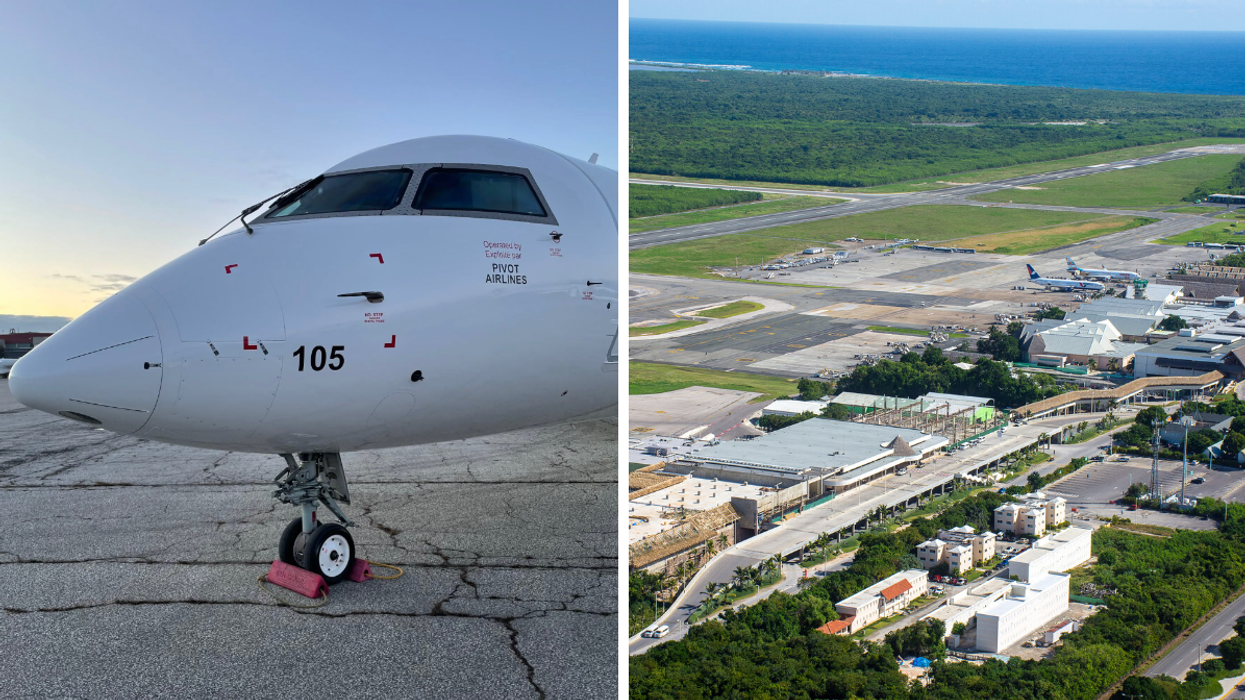 A Pivot Airlines plane. Right: An aerial view of the Punta Cana International Airport in the Dominican Republic.