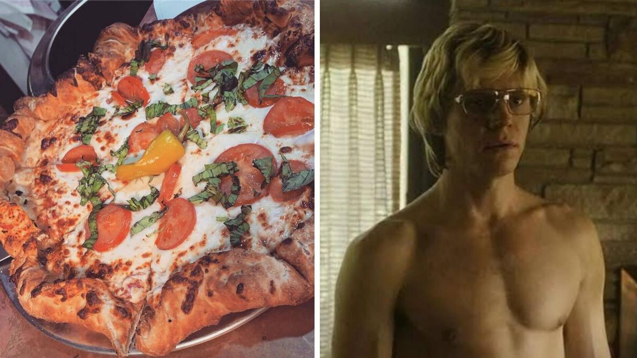 A pizza from Capitol Pizza in Lubbock, TX. Right: A scene of Netflix's 'Dahmer' series.