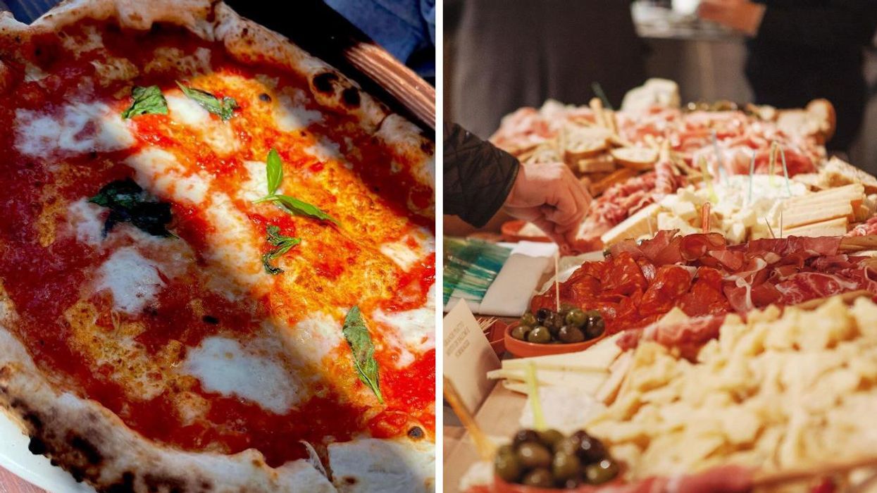 A pizza from Eataly Dallas. Right: A person picking an olive at an Eataly event in Toronto.