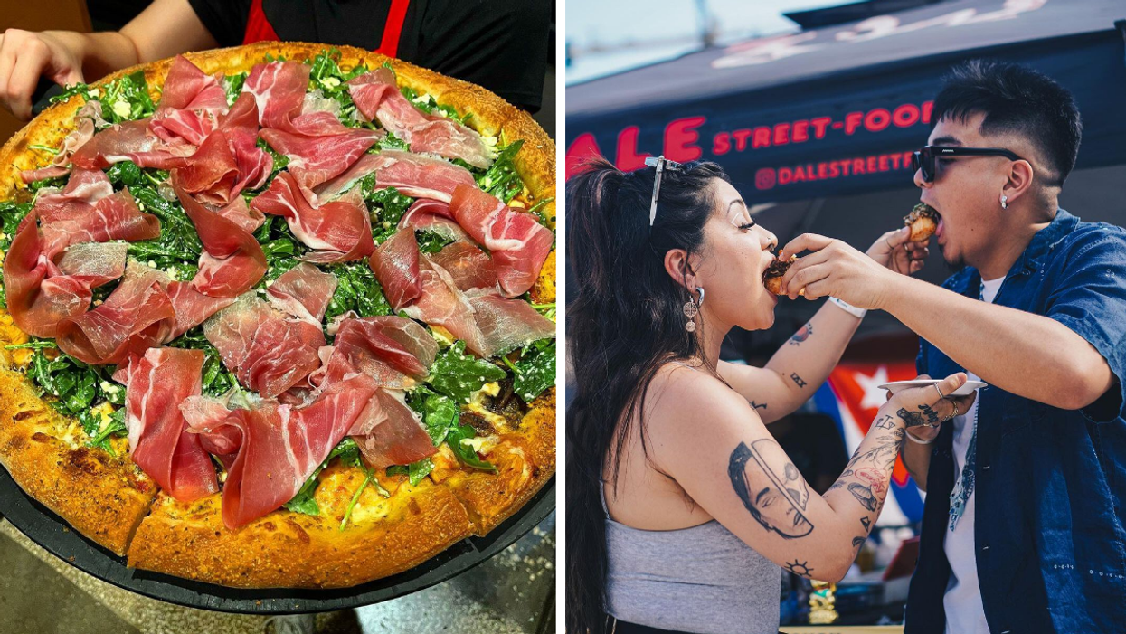 A pizza. Right: Two people feeding each other.