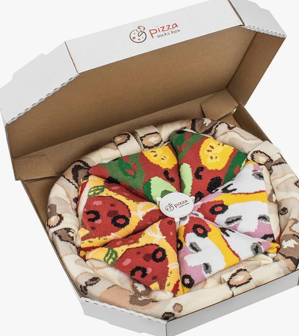 A pizza socks that's filled with socks made to look like pizza.