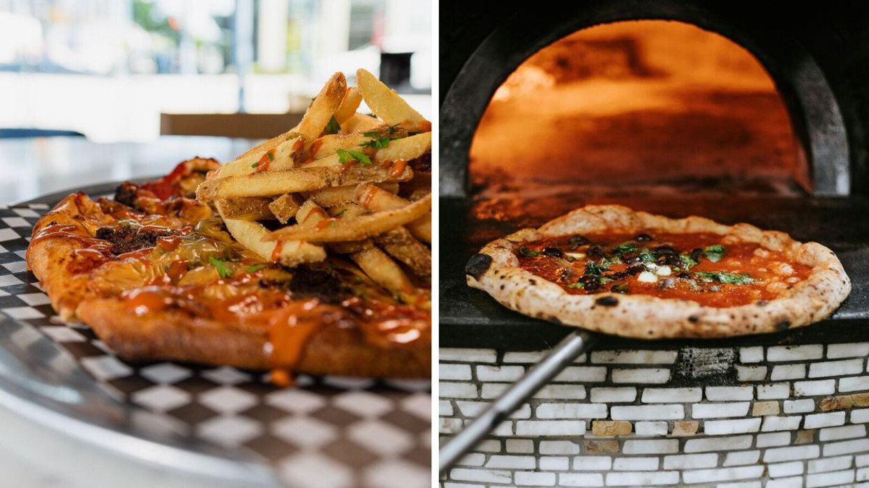 A pizza with fries on it sitting on top of a black and white checkered tray. Right: A pizza being placed in a pizza oven.