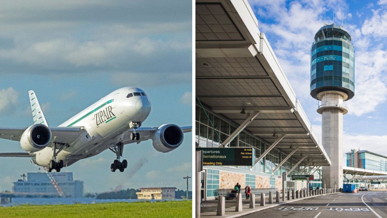 A plane branded "Zipair" taking off. Right: outside an airport departures door.