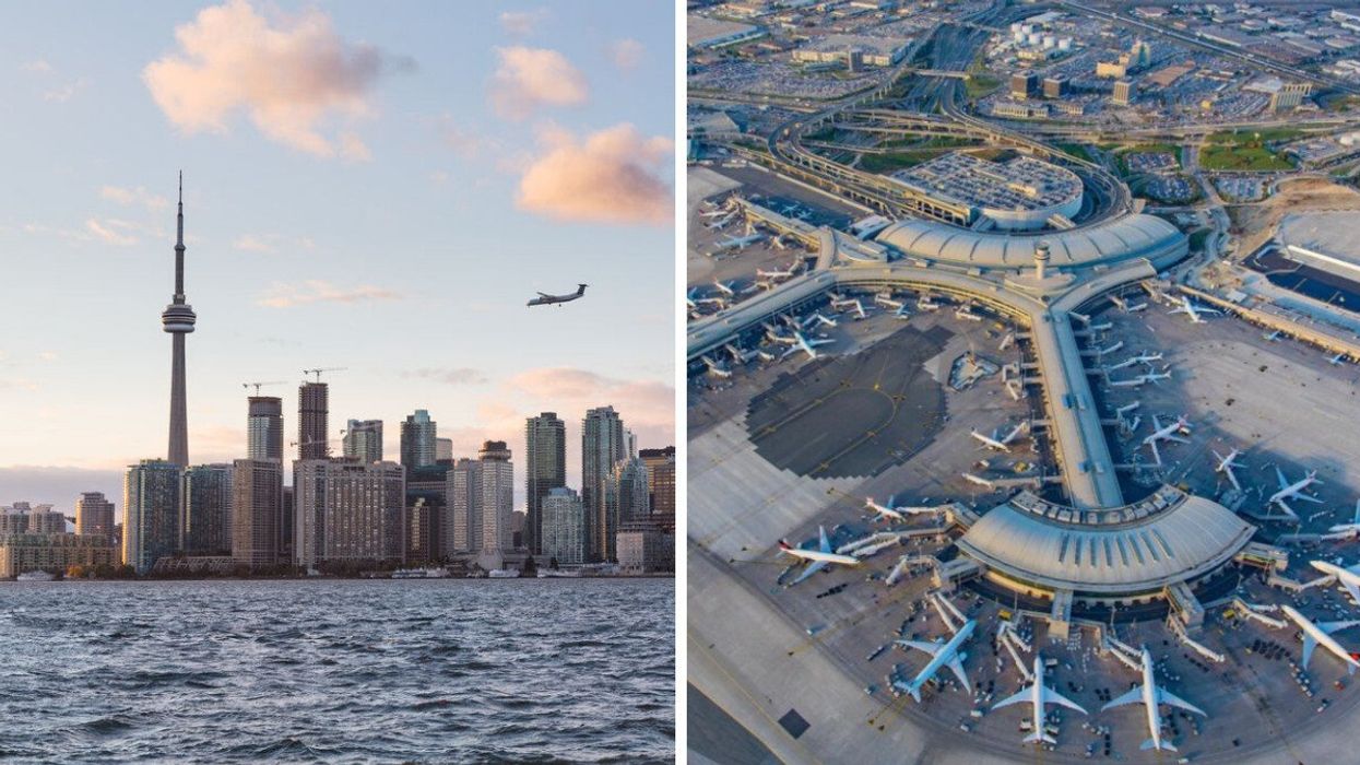A plane flies into Billy Bishop Airport. Right: Planes at Toronto Pearson Airport.