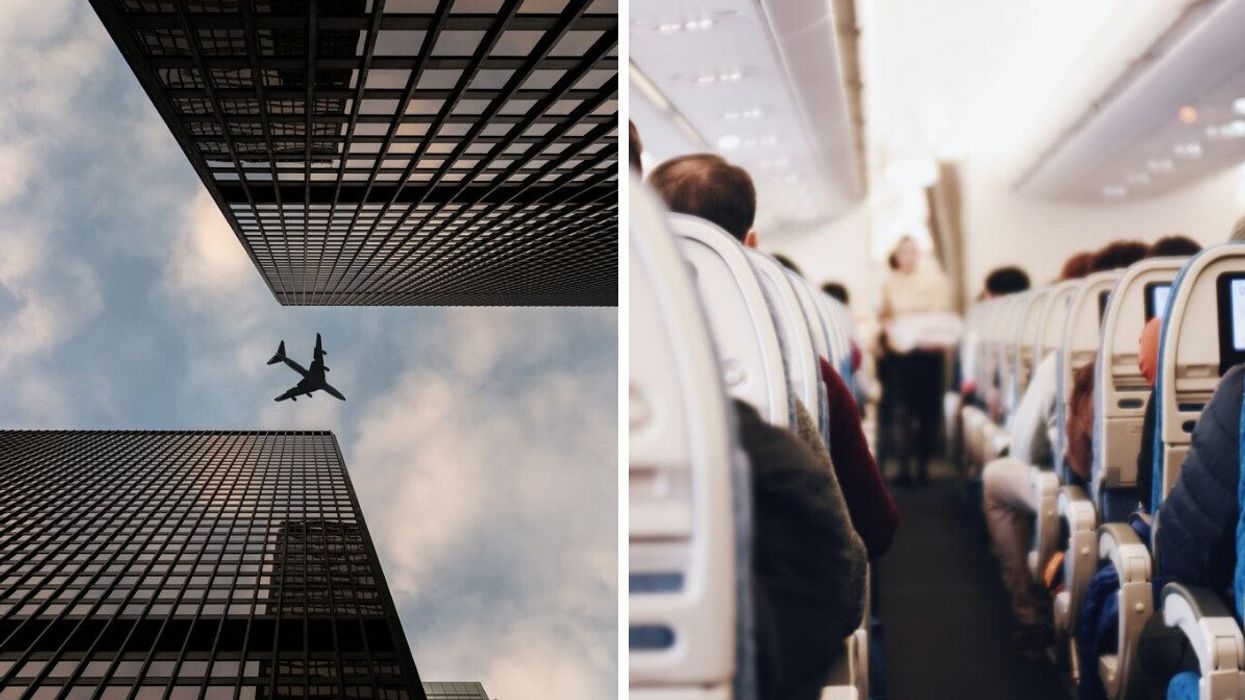 A plane flies over buildings. Right: Passengers in seats on a plane.