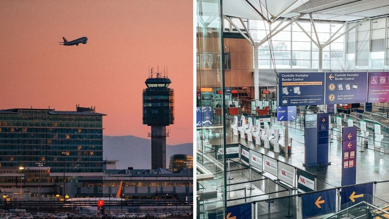A plane flying over Vancouver International Airport. Right: Montreal-Trudeau International Airport.