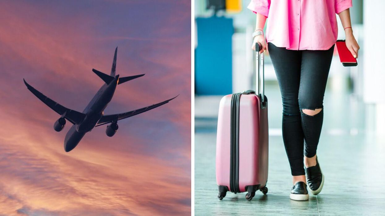 A plane in the sky. Right: A traveller with a suitcase.