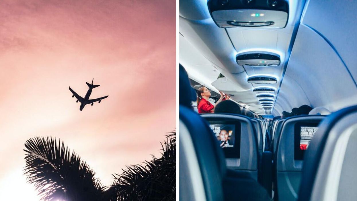 A plane in the sky. Right: Seats on an airplane.