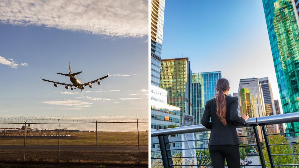 A plane landing in YVR. Right: A person standing in downtown Vancouver.