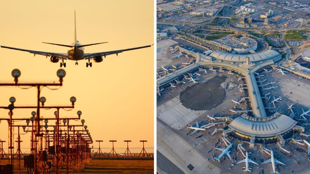 A plane lands in Vancouver. Right: Planes at Toronto Pearson International Airport.