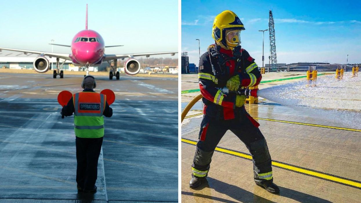 A plane on the runway at London Luton Airport. Right: A fire fighter at London Luton Airport.