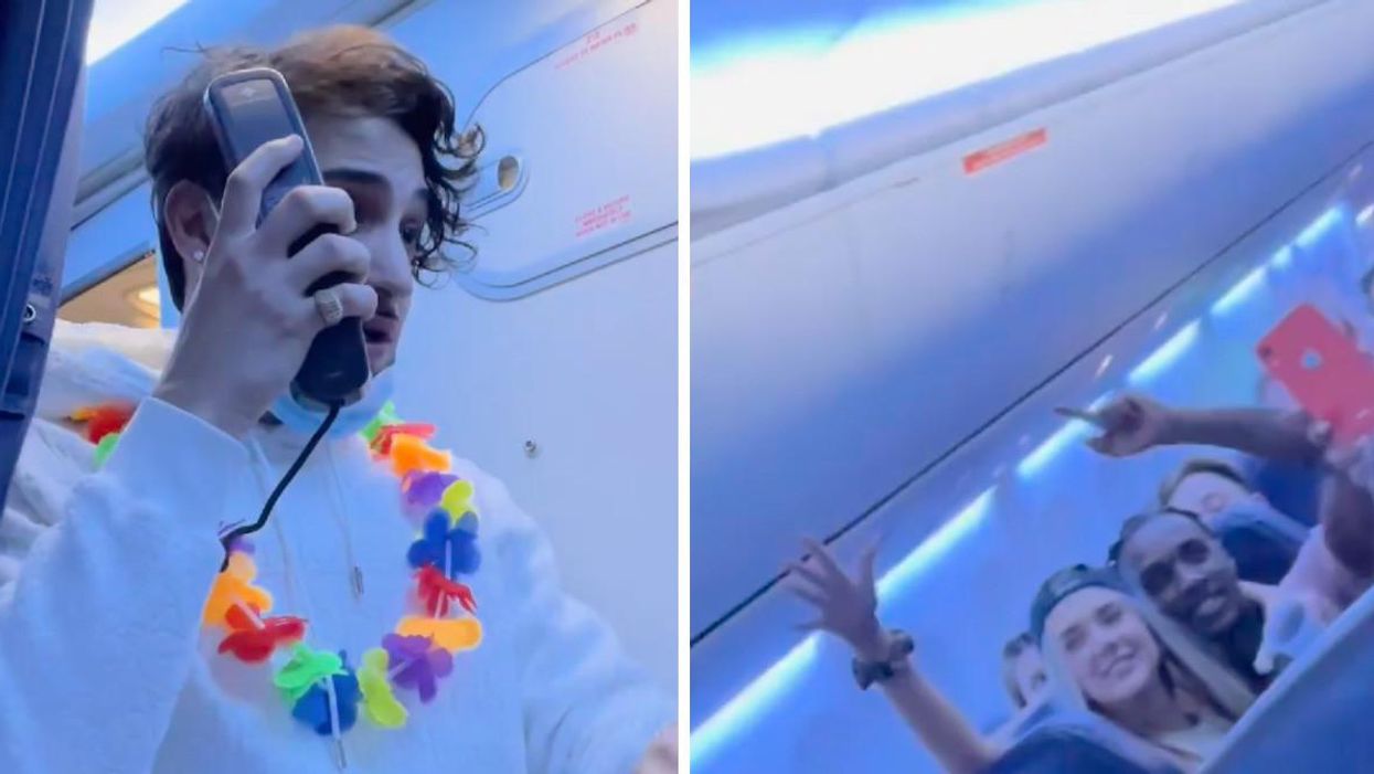 A plane passenger making an announcement. Right: Plane passengers waving their hands in the air.