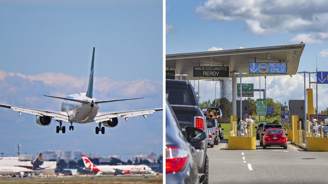 A plane takes off from Toronto Pearson airport. Right: Cars line up at the Canada-U.S. border.