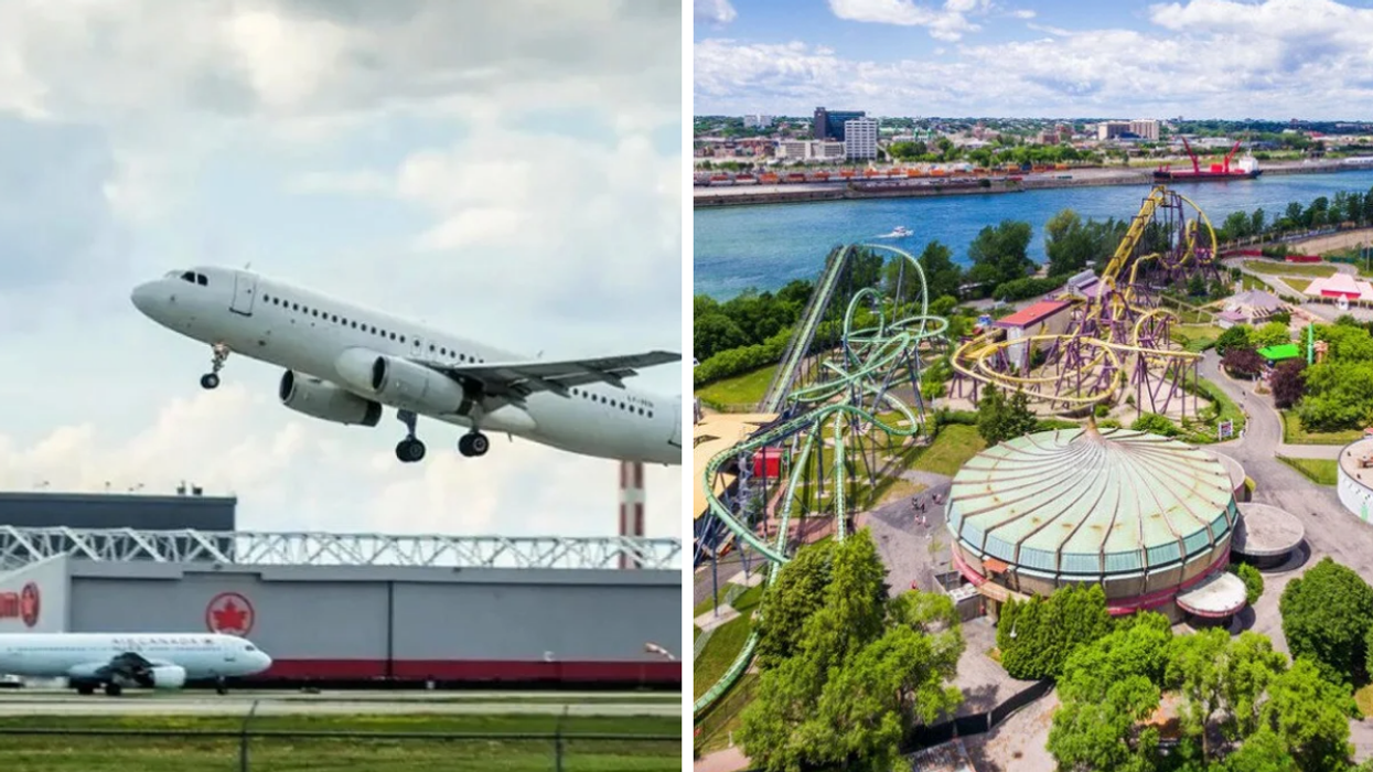 A plane takes off. Right: La Ronde in Quebec.