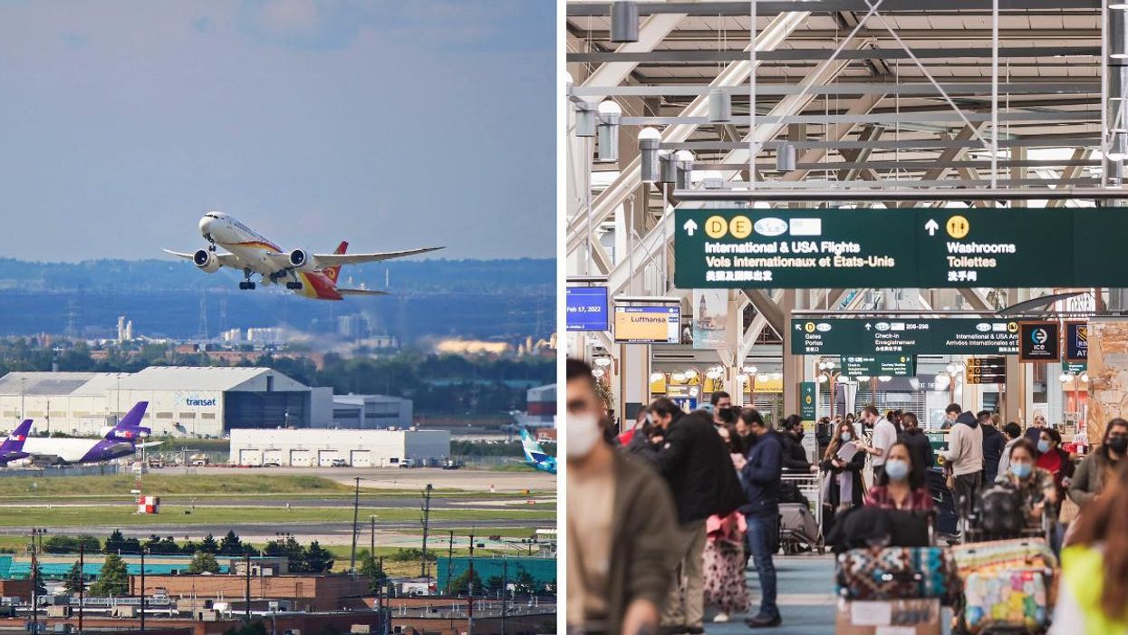 A plane taking off at Toronto Pearson Airport. Right: Passengers walking through a busy Vancouver Airport.