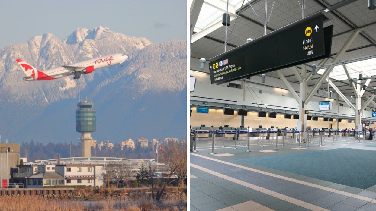 A plane taking off. Right: An airport