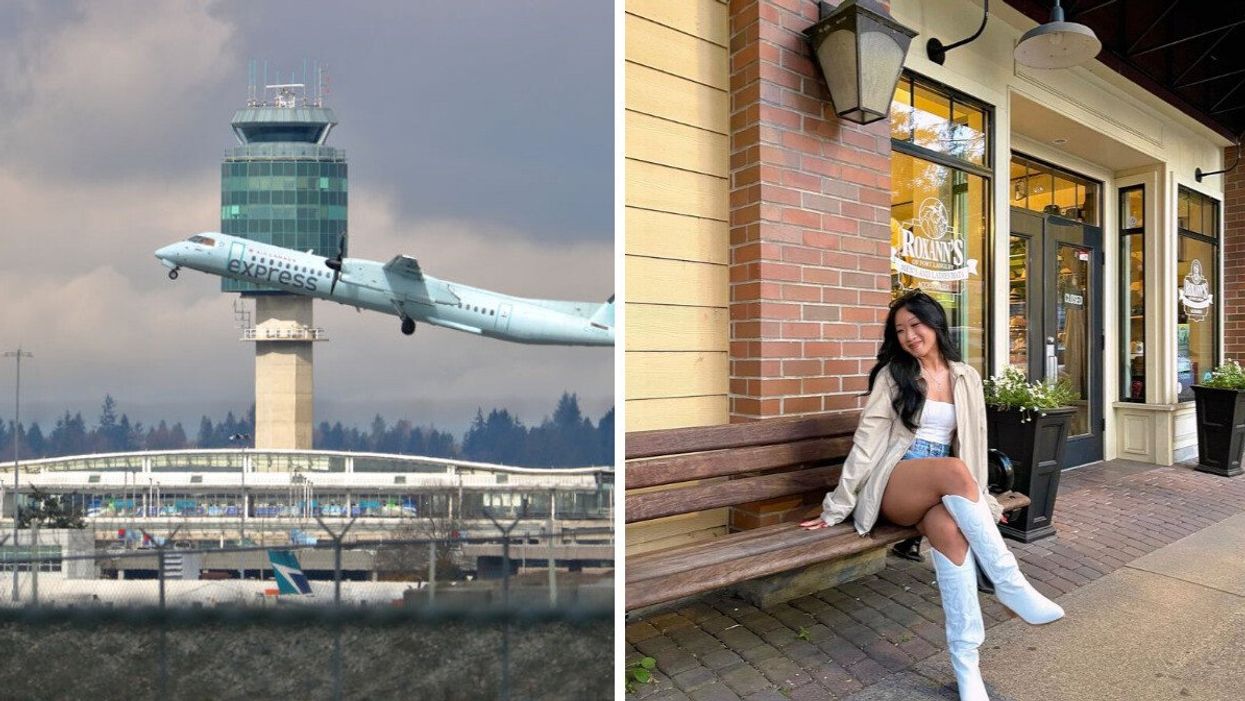 A plane that says 'express' on it taking off from an airport. Right: A person sitting on a bench in front of a shop and smiling for a photo.