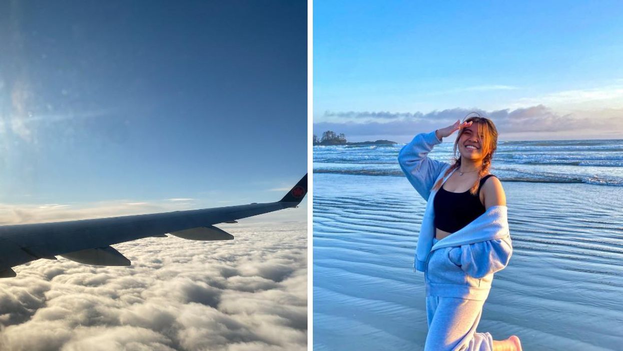 A plane wing in the air. Right: A person at a beach in B.C.